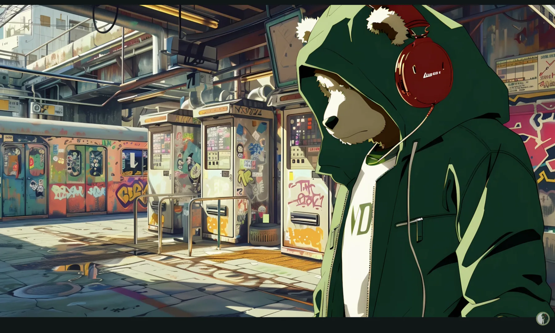 Illustrated character in an imagined urban world